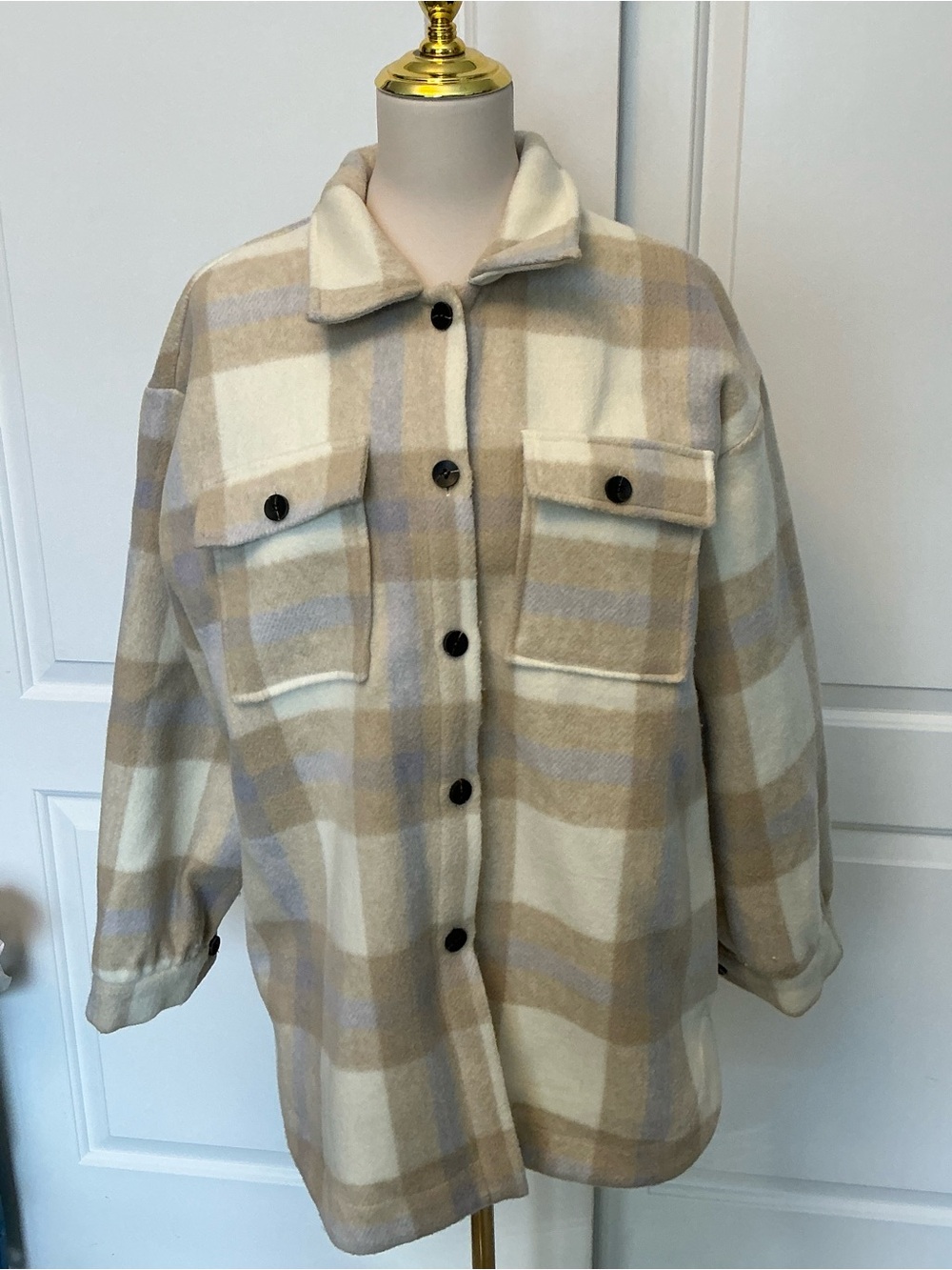 Womens Plaid Shacket Jacket in Cream and Tan